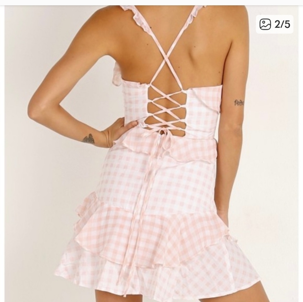 For Love And Lemons Victorias Secret Pink + White Gingham Dixie Tie Back Dress - Picture 3 of 8